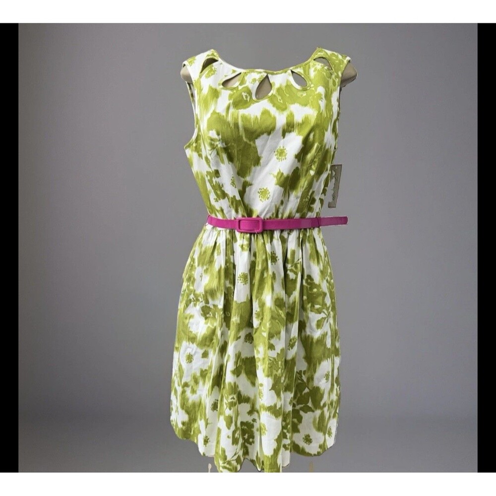 J Howard Dress Green White Floral Fit Flare Cutout Neck 16 NWT Pink Belt 100$